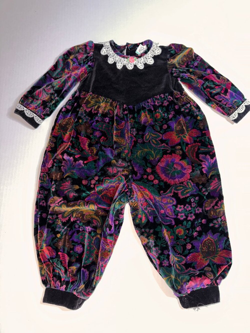 VTG Petit Ami Baby Togs Girls 18M Floral Velvet Lace Romper Jumpsuit Bubble #736
